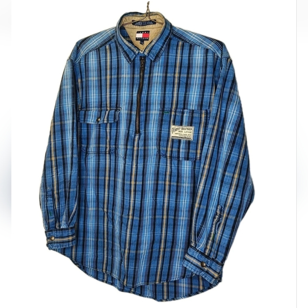 Tommy Hilfiger Loop Collar Work Shirt Men Med Blue Striped Pullover Vtg 90s Y2K